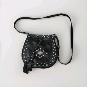 Y2K Women's Black Leather Drawstring Harley-Davidson Purse Rhinestones Studs